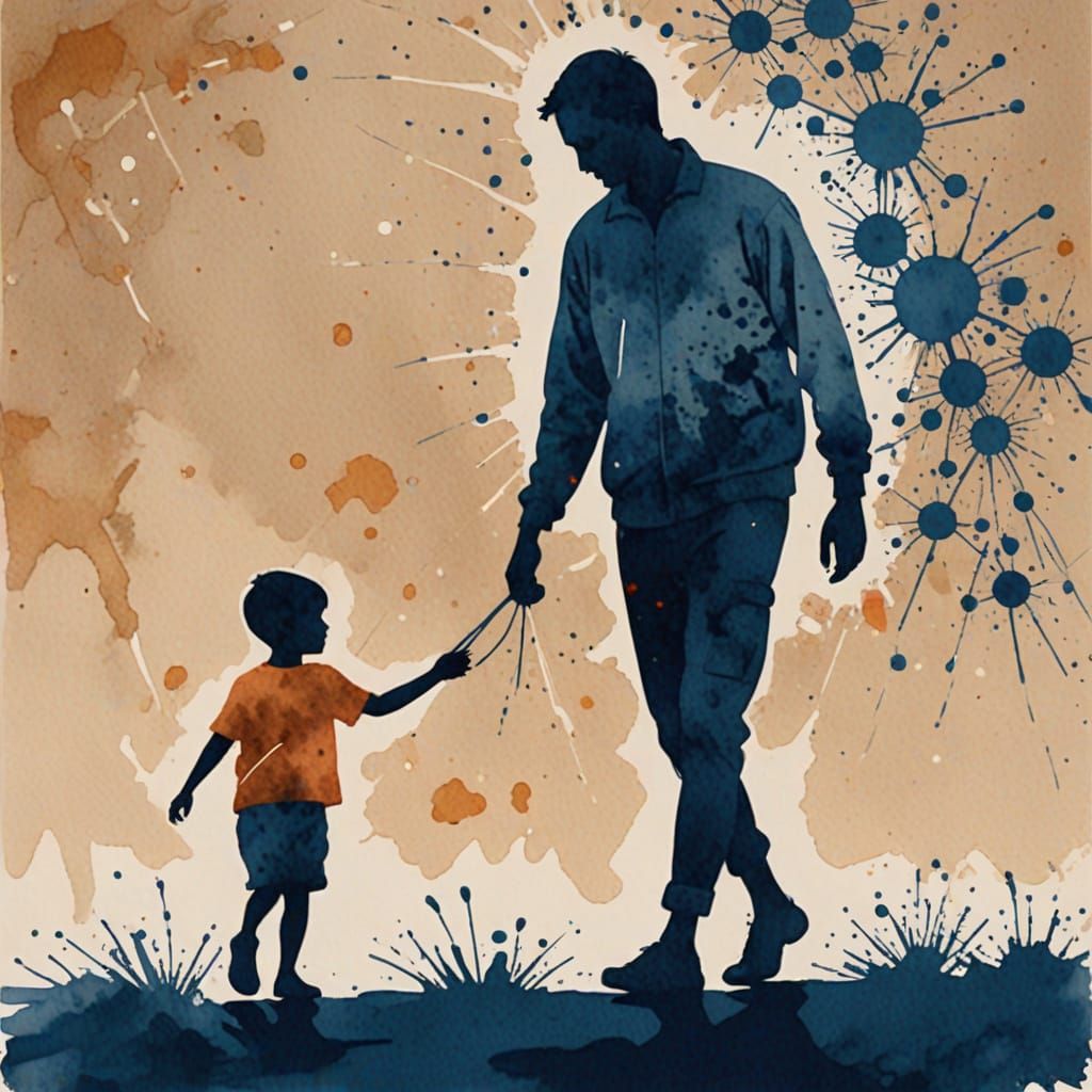 Father and Child Walking, Watercolor Silhouette