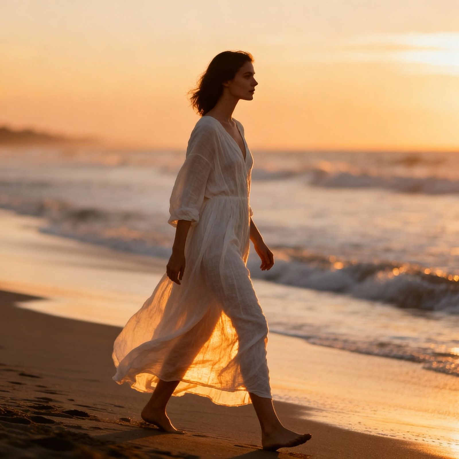 Woman in White Dress on Beach at Sunset