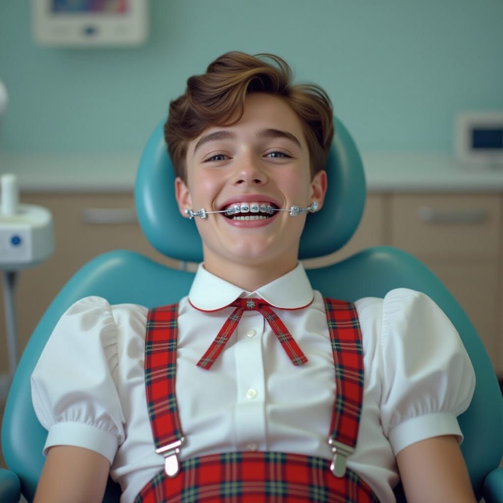 Man with Braces and Headgear in Dentist Chair