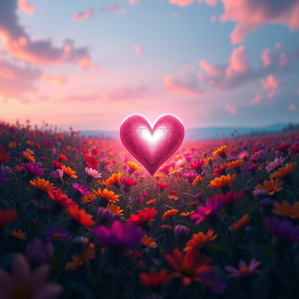 Vibrant Heart in Whimsical Floral Landscape