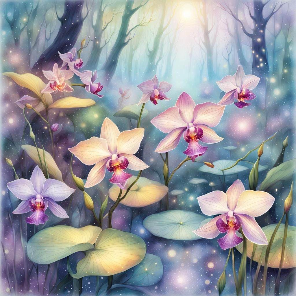 Enchanted Orchid Forest in Ethereal Watercolor Style