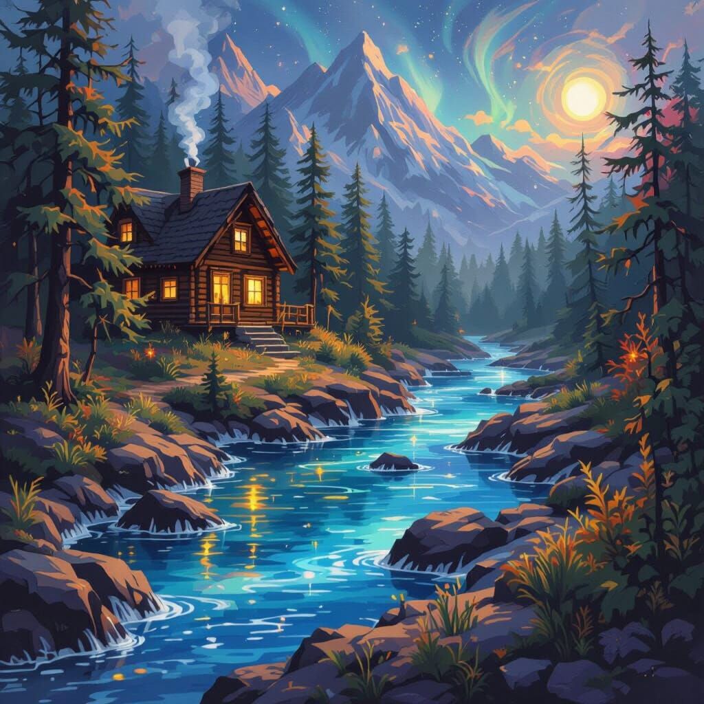Electrified River with Aurora and Cozy Cabin