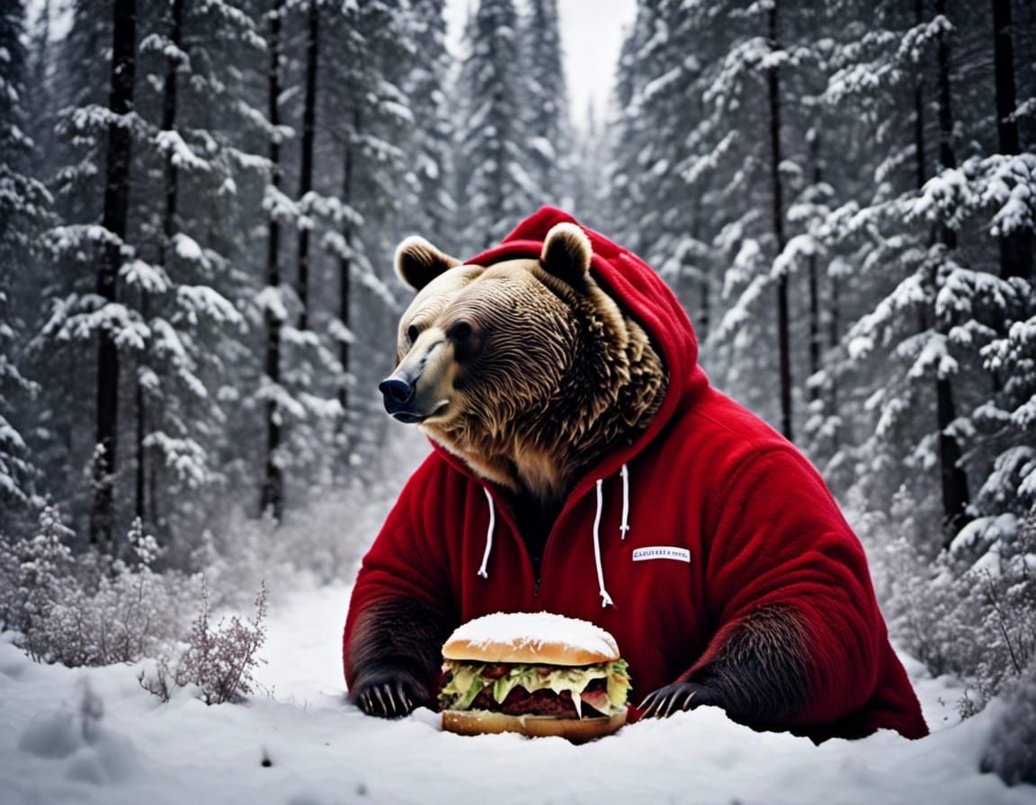 Obese Bear in Hoodie Eating Sandwich Portrait