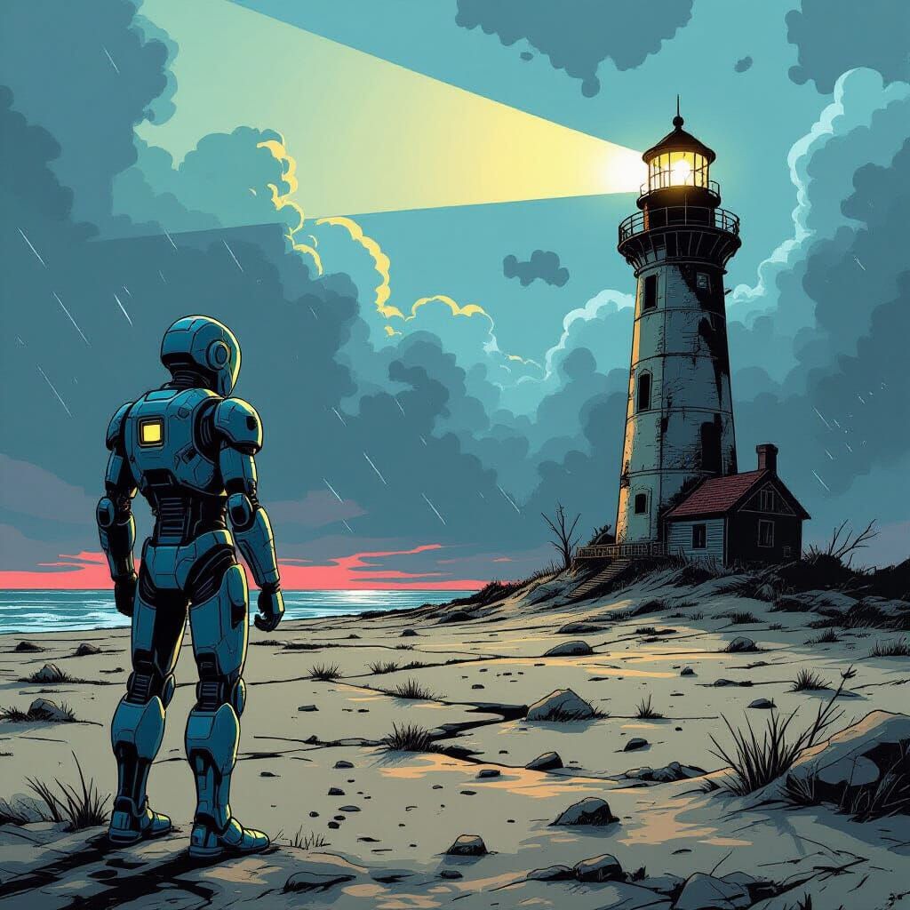 Lone Android on Desolate Plain with Derelict Lighthouse