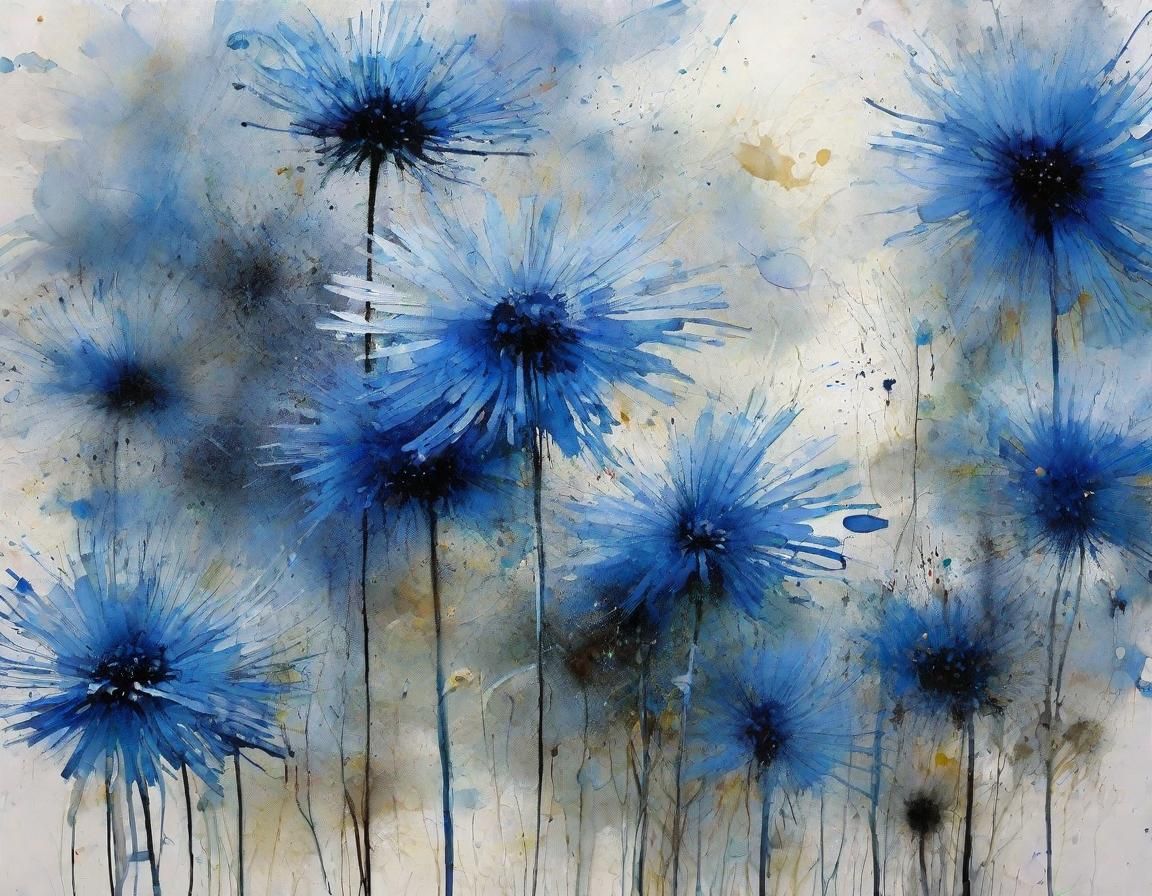 Blue Asters Ink Splash Art Watercolor Masterpiece