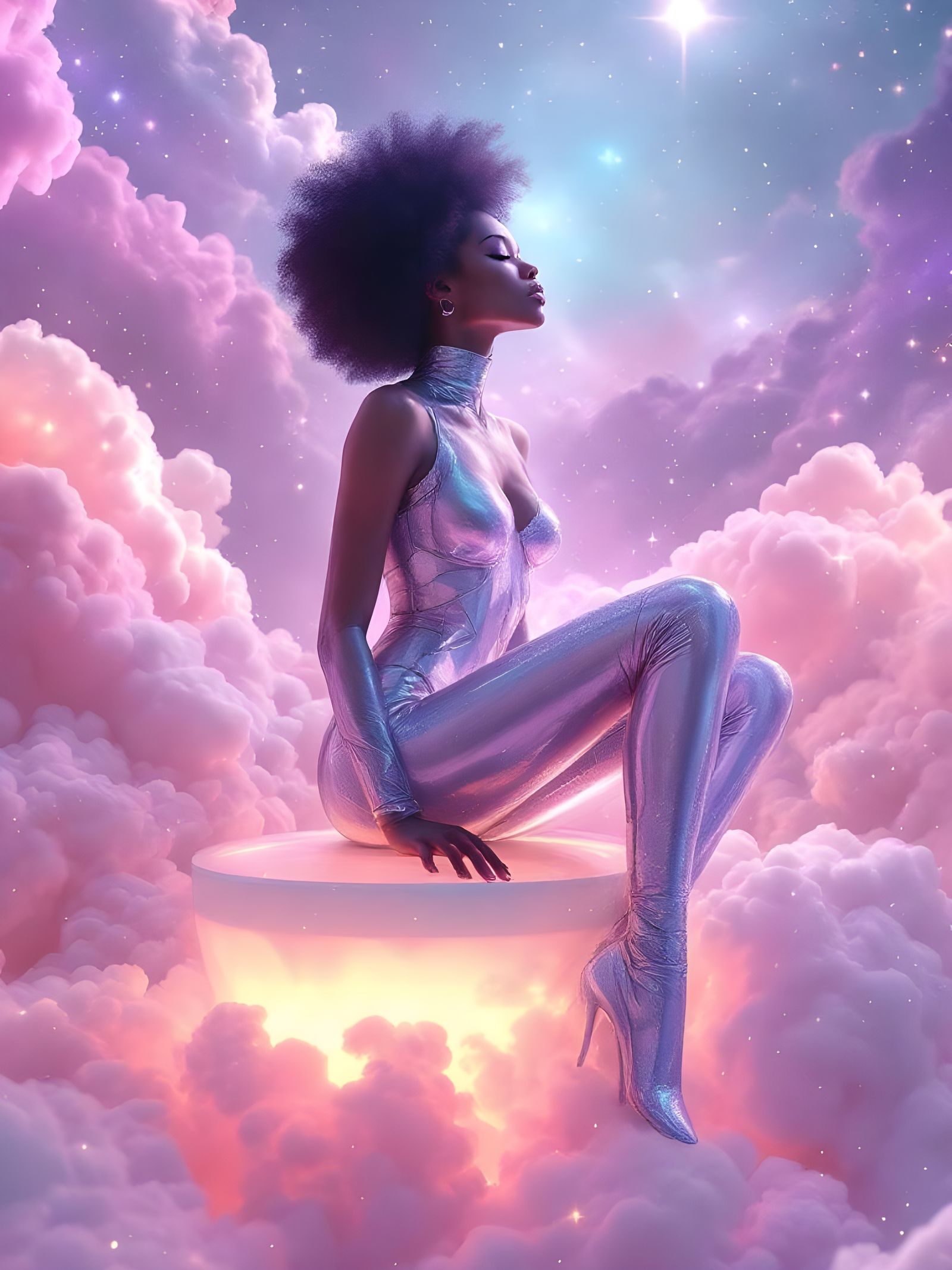 Afrofuturistic Goddess on Starlight Pedestal in Digital Art