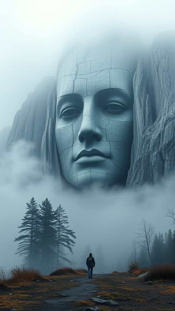 Lonely Wanderer Approaches Gigantic Stone Face Sculpture on ...