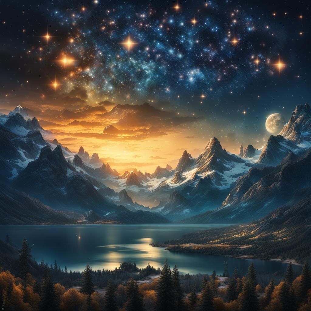 Majestic Starry Night Sky Digital Painting