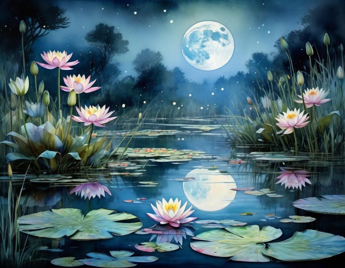Water Lilies Under Moonlight: Watercolor Fantasy