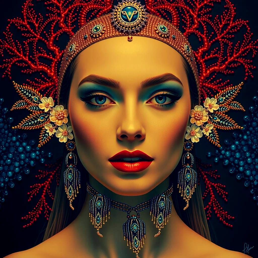 Ornate Beaded Waterfall Artwork with Gold and Silver Detail