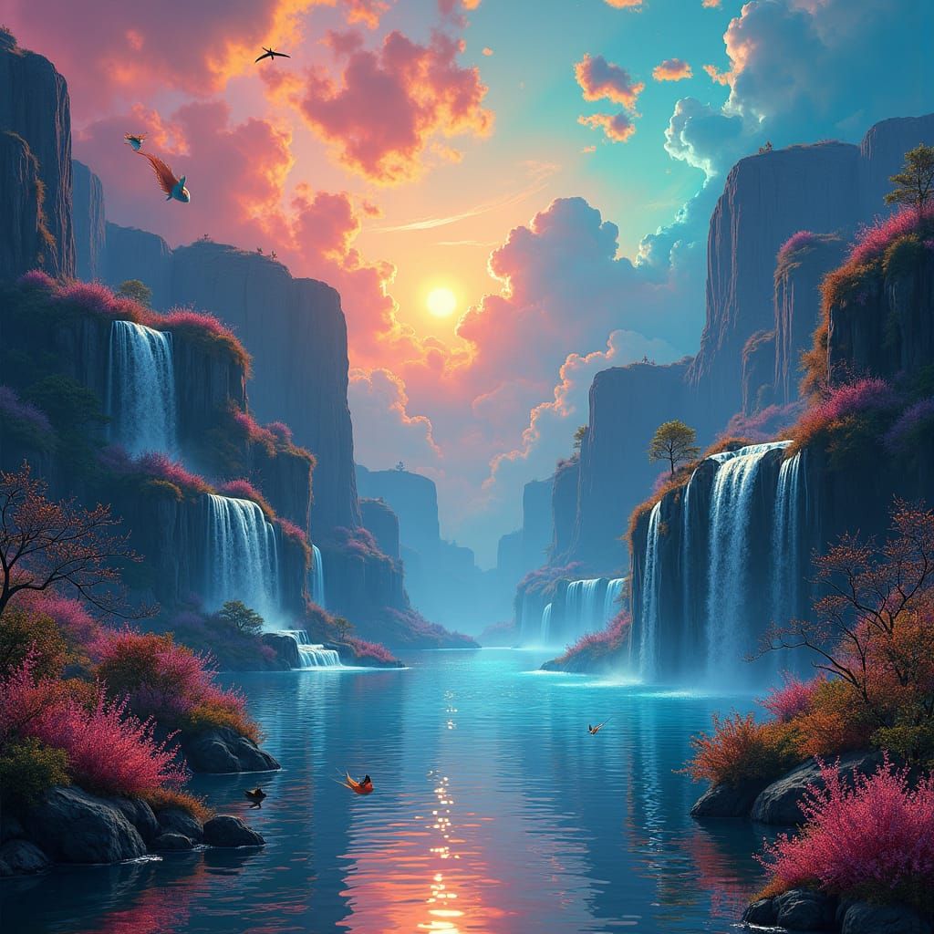 Ethereal Floating Islands with Iridescent Waterfalls