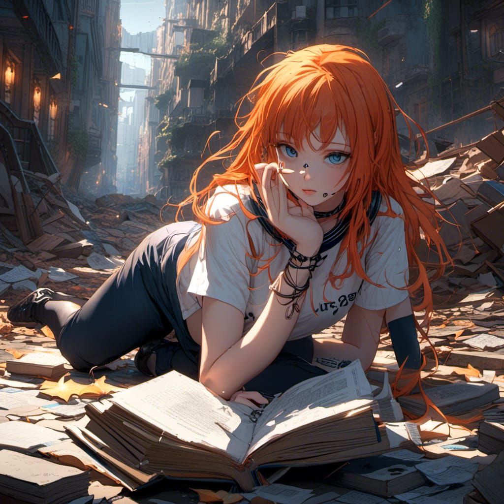 Person with Orange Hair Reading Book in Wreckage