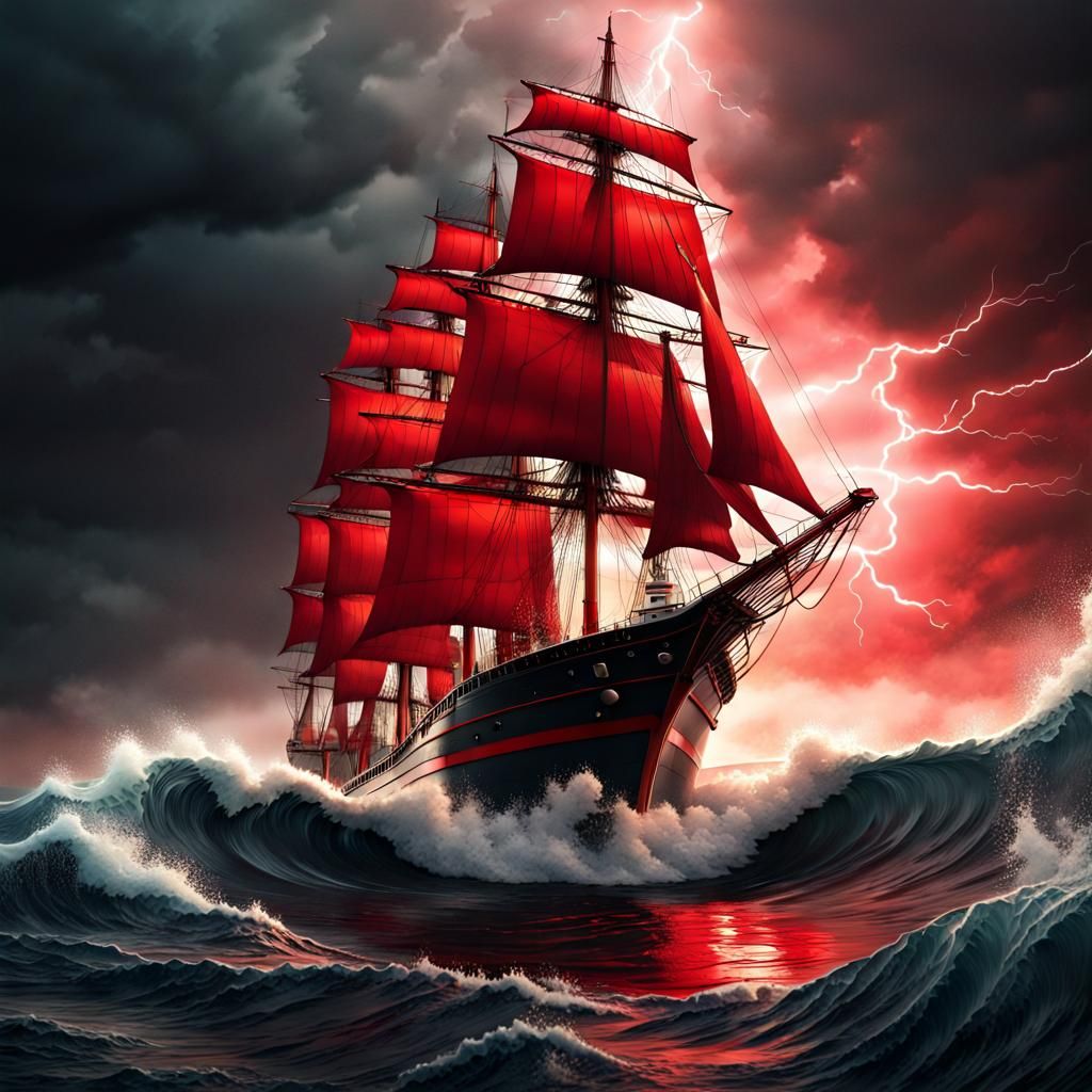 Scarlet Sails Ship in Stormy Seas: Digital Illustration