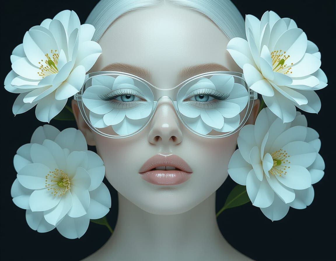 Futuristic Woman with Petal Eyes in Hyperrealistic Portrait