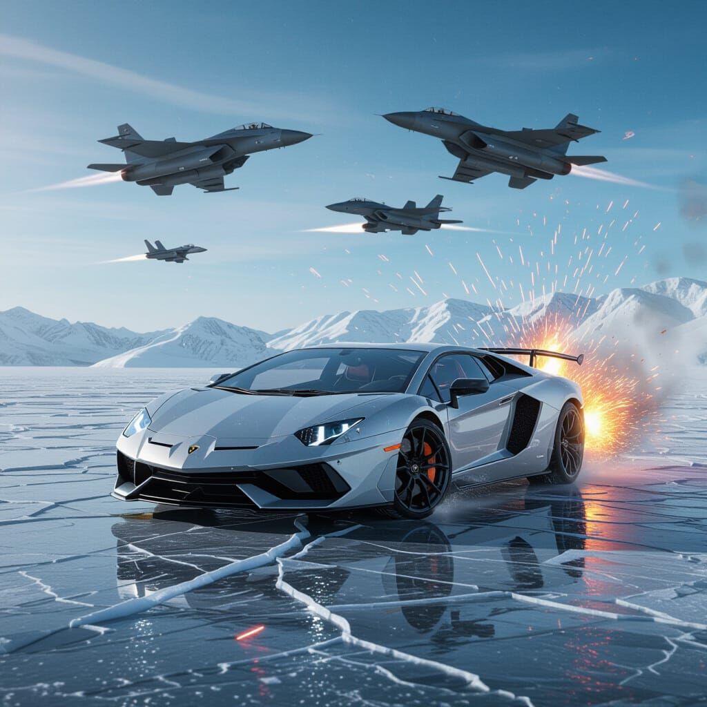 Lamborghini on Cracked Ice with Fighter Jets