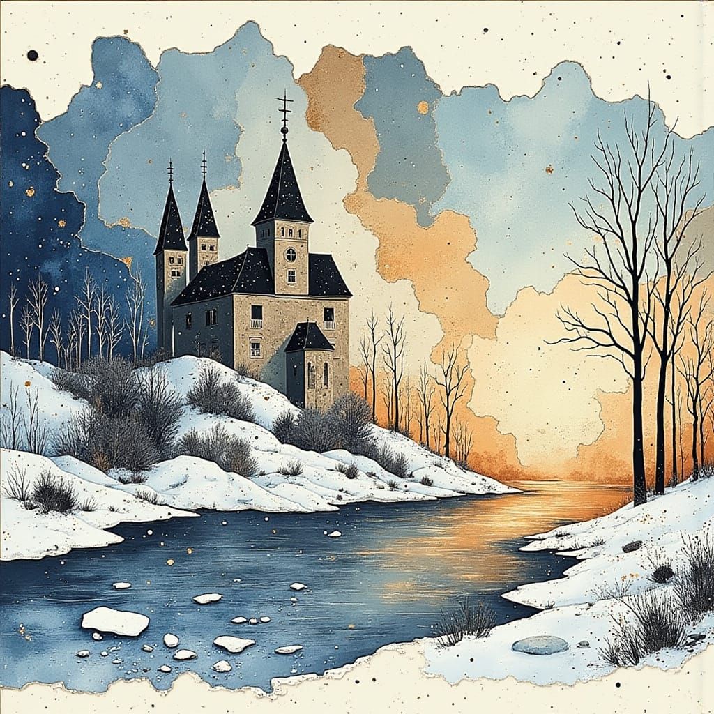 Ethereal Dawn Castle Emerging from Misty Icy Morning