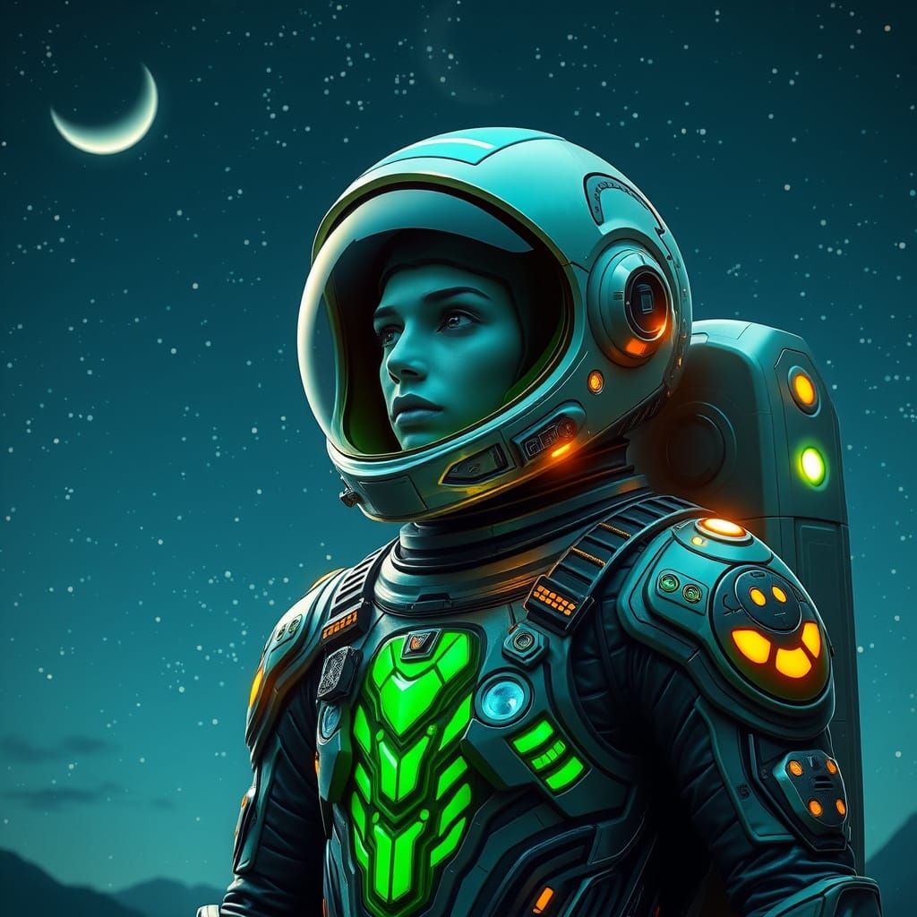 Futuristic Astronaut in Tropical Morpho-Inspired Energy Suit