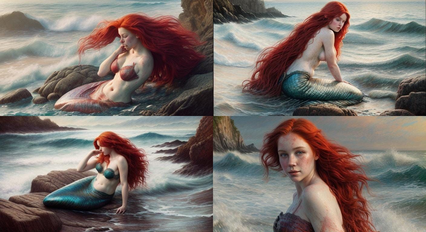 Shimmering Red-Haired Mermaid in Old Masters Style