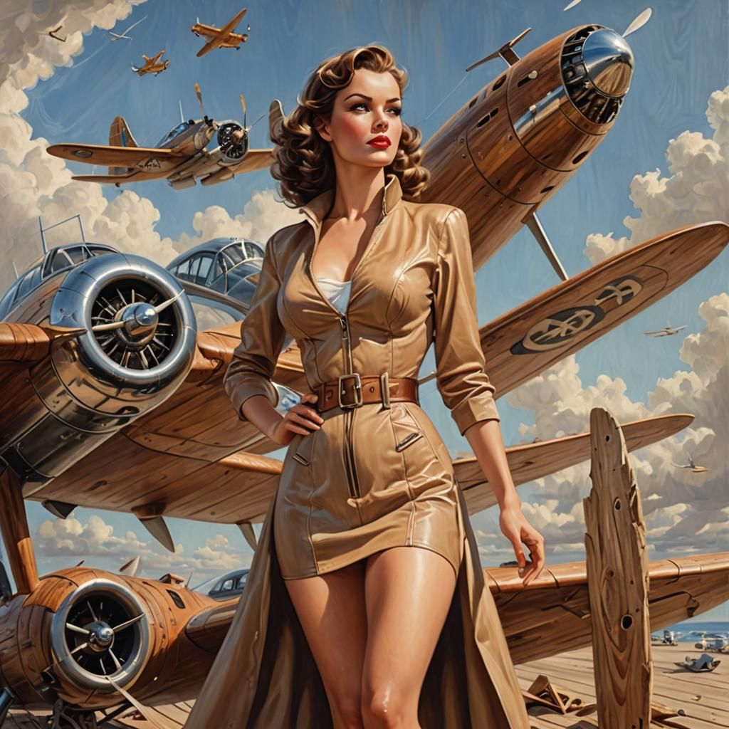Retro Glamour Woman with Wooden Airplane