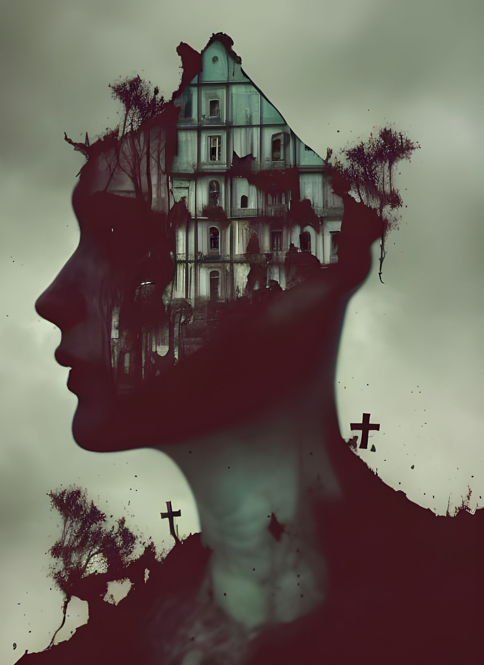 Sinister Double Exposure Cemetery Portrait in Oil
