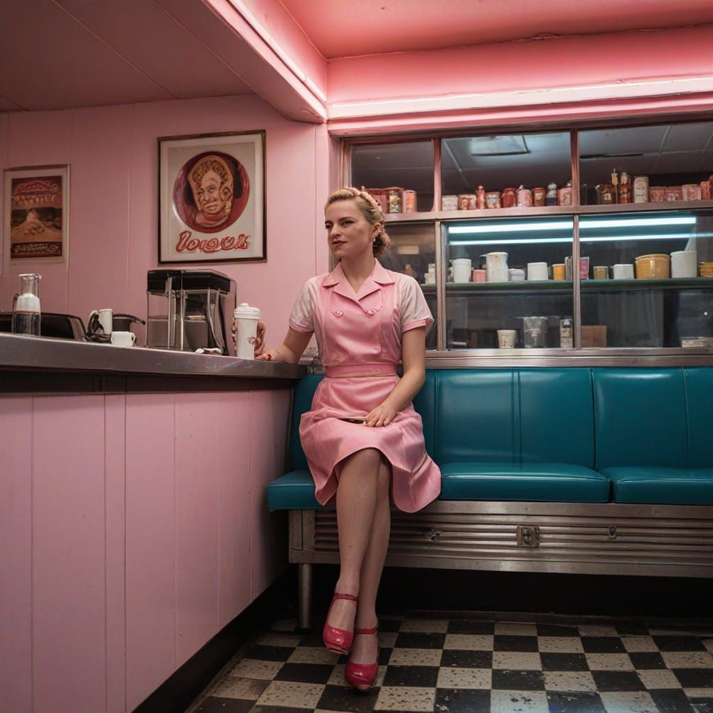 Elderly Waitress in Empty 1950s Diner at 3 AM