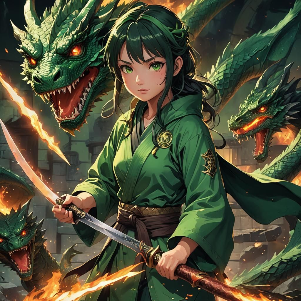 Anime Girl with Dragon in Vibrant Greens