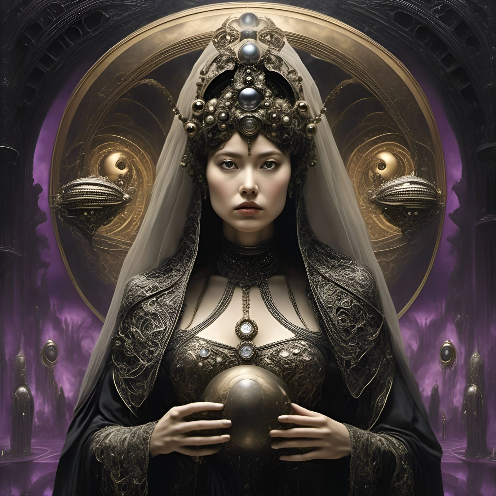 Surreal Veil Woman with Vikings, Digital Oil Painting