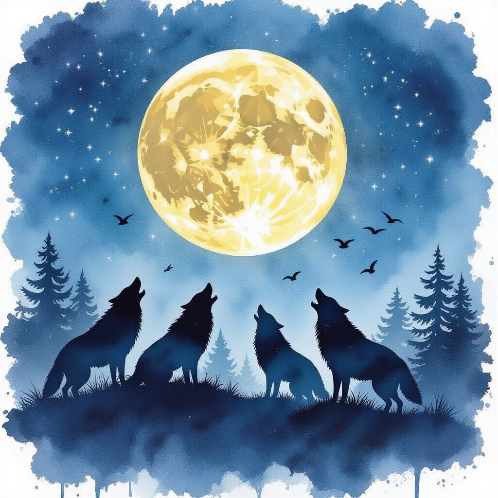 Wolves Howling at Moon in Watercolor Style