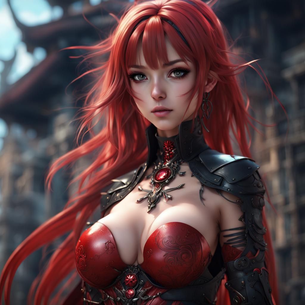 Anime Girl in Red Sarre and Black Blouse