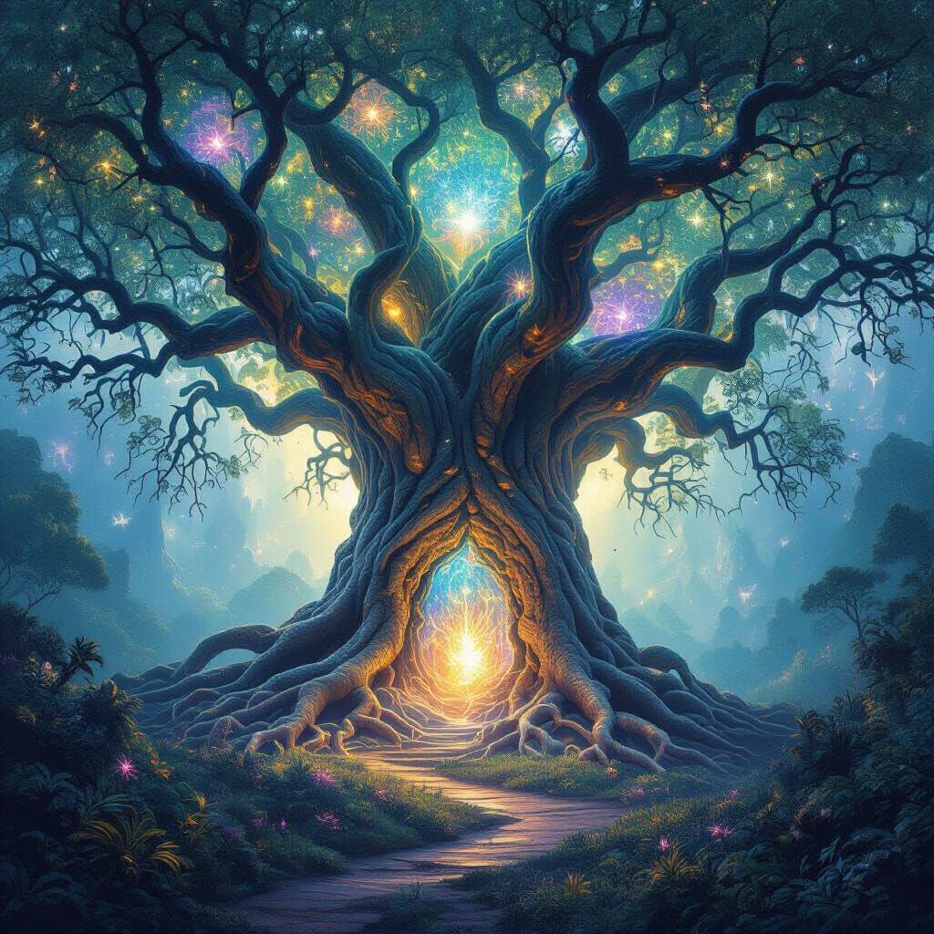 Cosmic Portal Tree in Surrealist Style