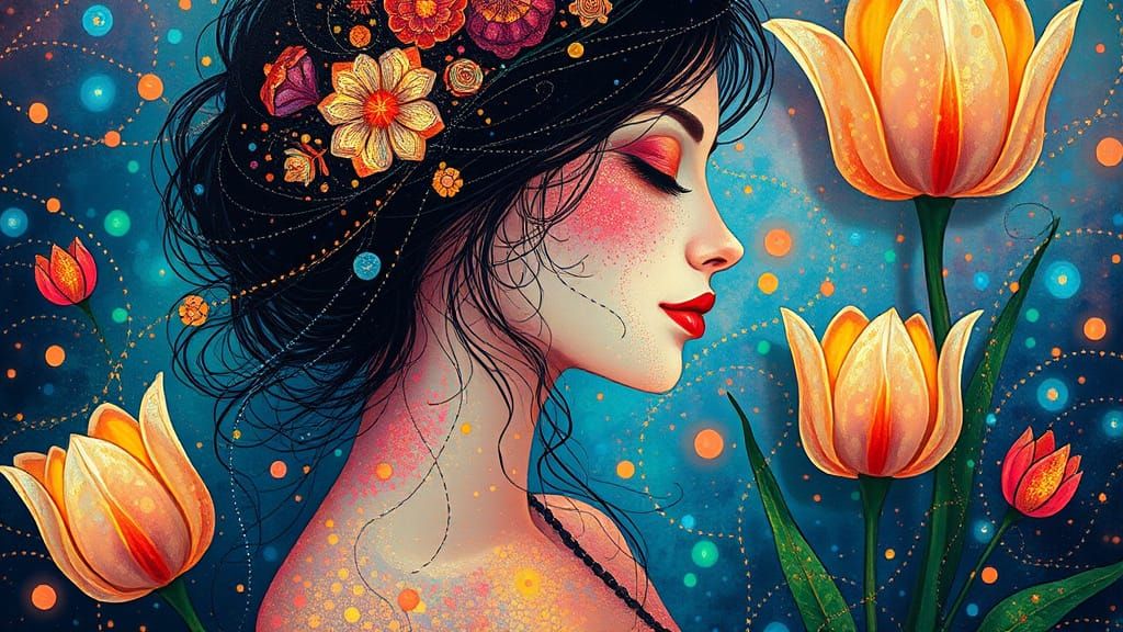 Ethereal Goddess Among Iridescent Opal Tulips in Whimsical A...