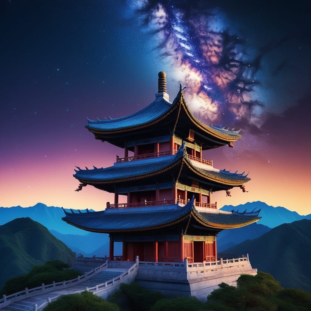 Ancient Chinese Pagoda on Mountain Peak at Night