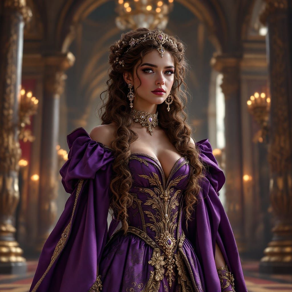 Renaissance Monarch in Regal Purple Gown