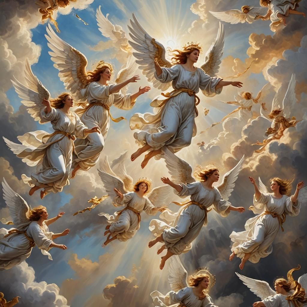 Angels Race in Cloudy Sky: Baroque Painting