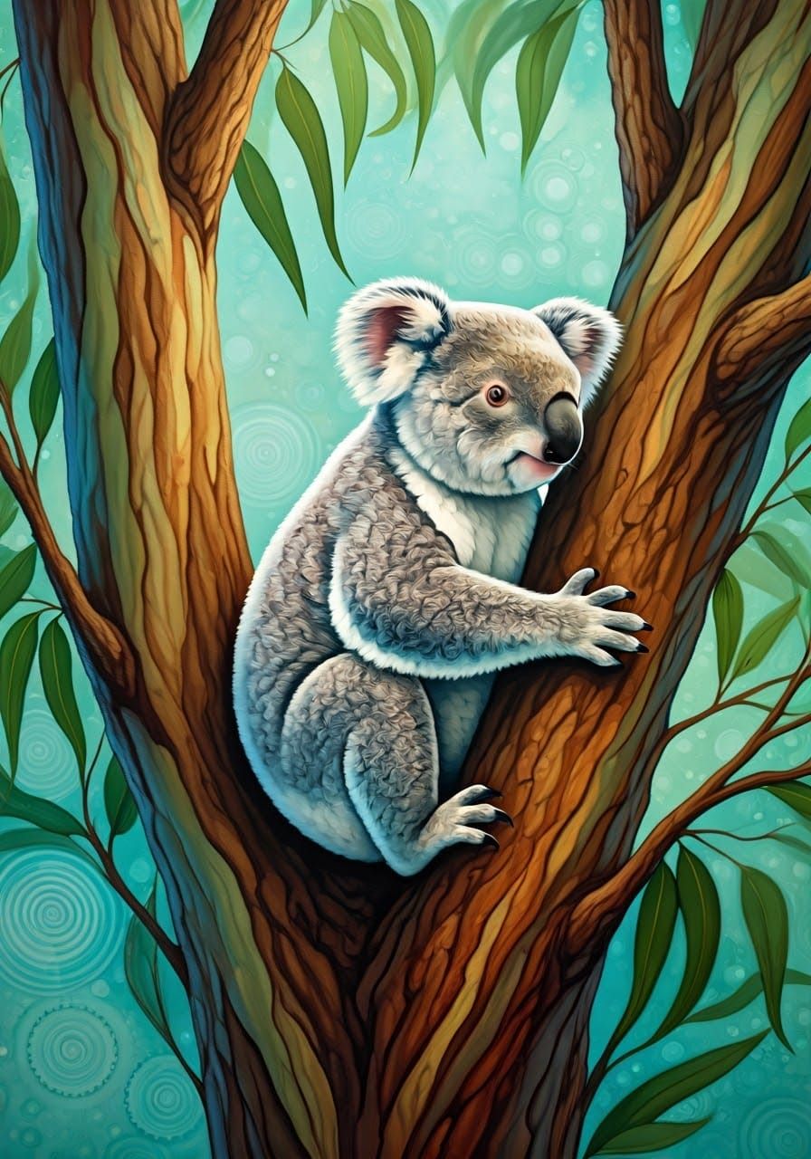 Alcohol inks, a koala in a eucalyptus tree