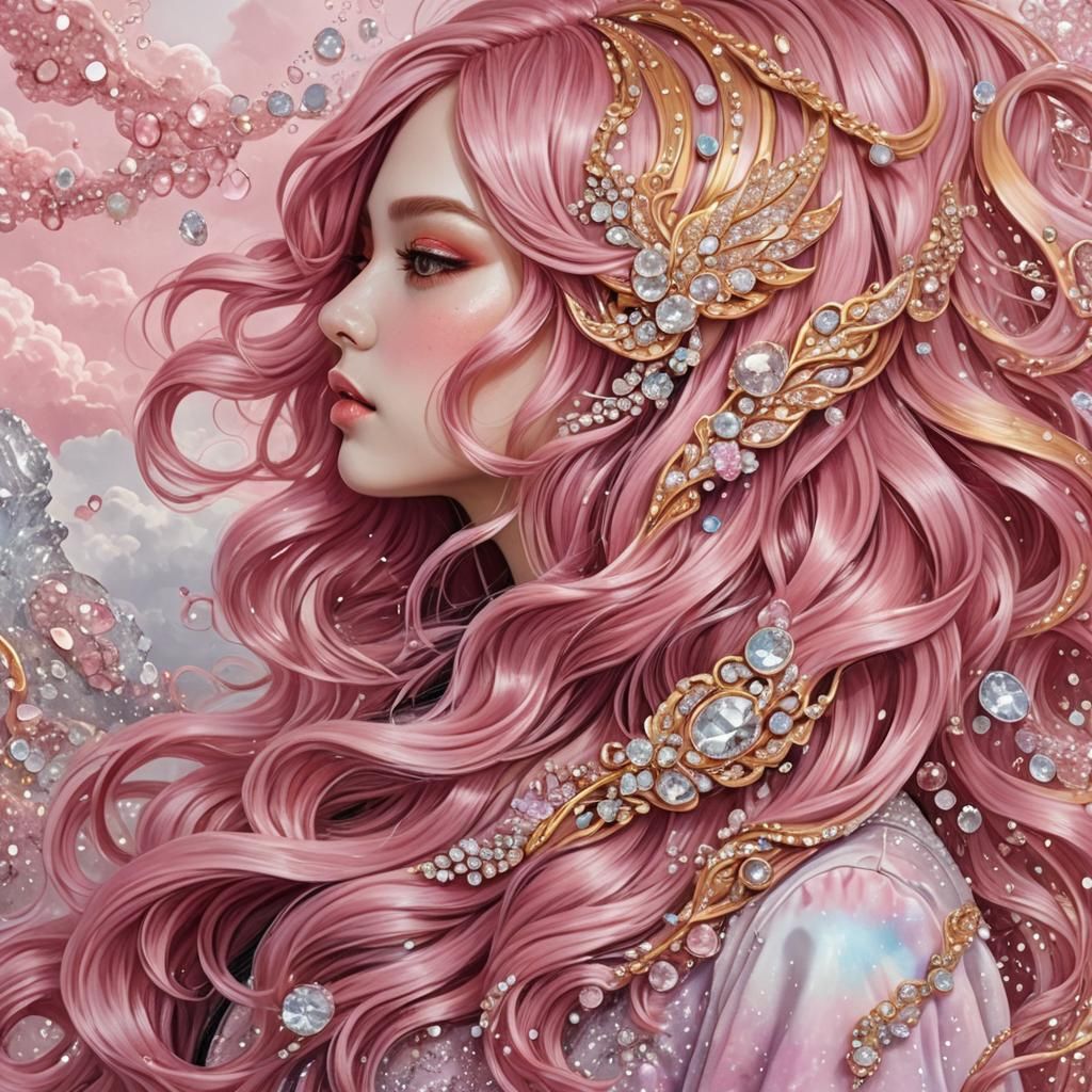 Pink-Haired Mermaid in Pink Cloudscape with Crystals