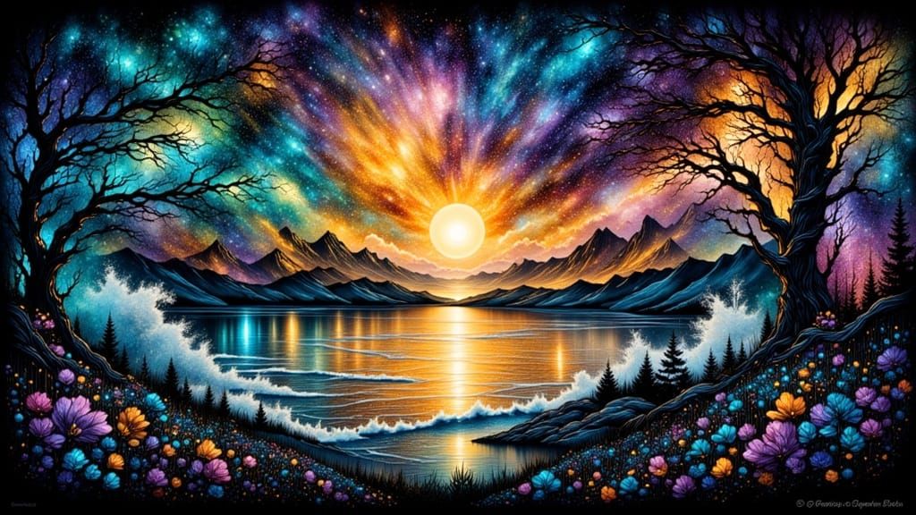 Mystical Moonbow Digital Artwork in Art Nouveau Style