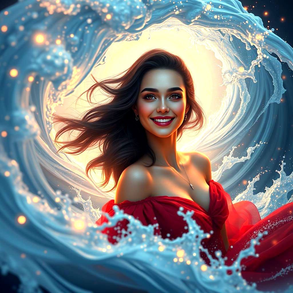 Woman with Radiant Smile Amidst Ocean Waves