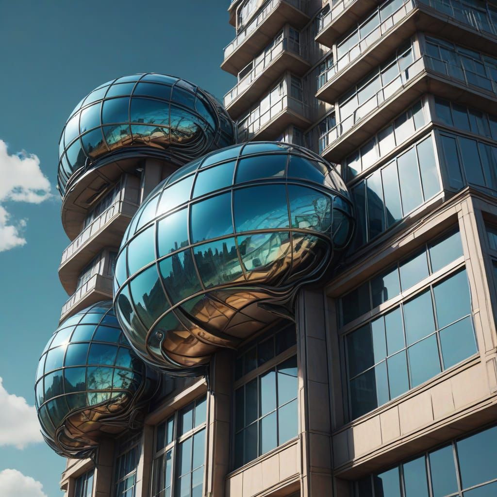 Surrealist Cityscape with Brain-Shaped Skyscraper and Eyegla...