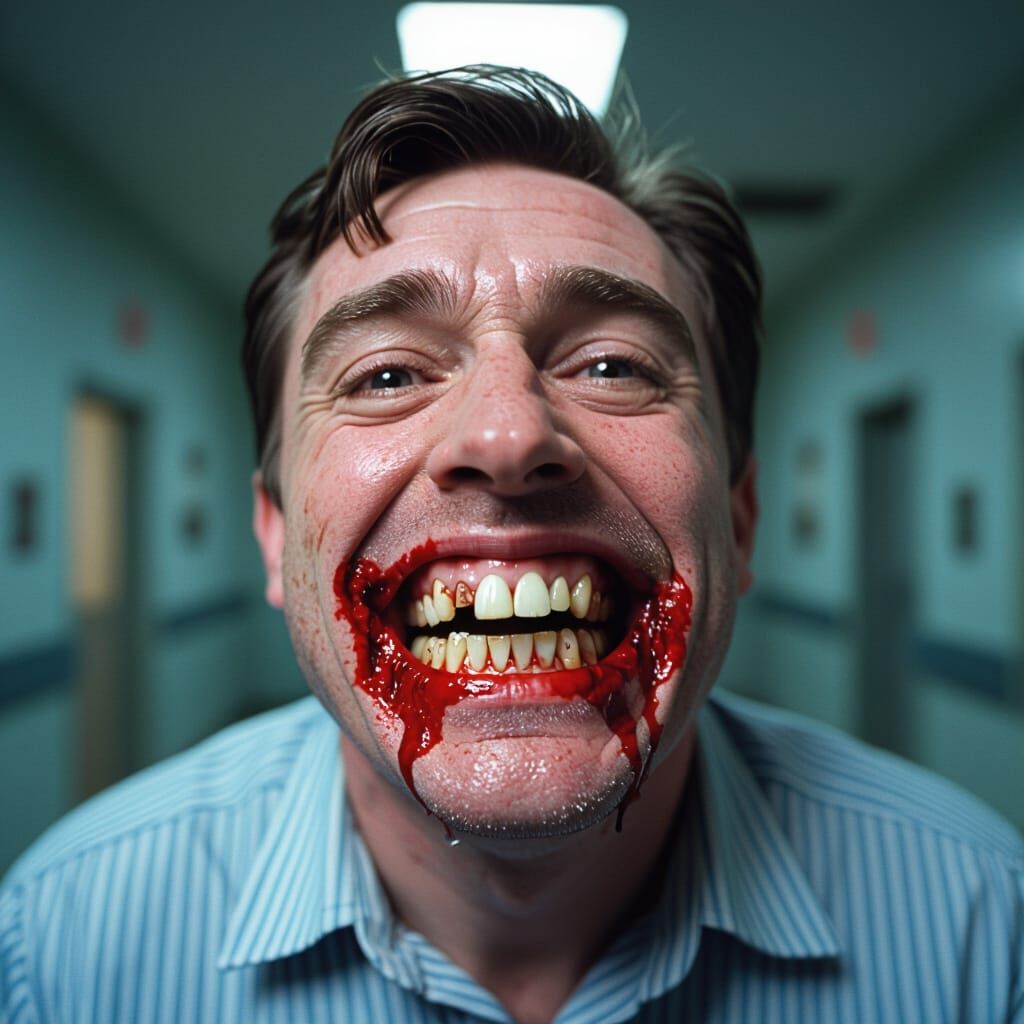 Grinning Man With Bloody Mouth in Mental Institution Film St...