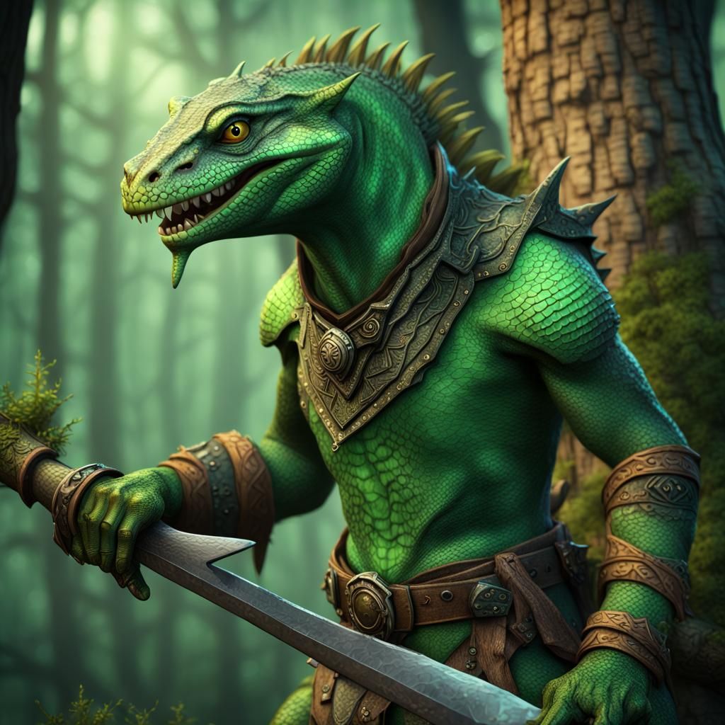 Green Lizardfolk Adventurer with Sword in Forest