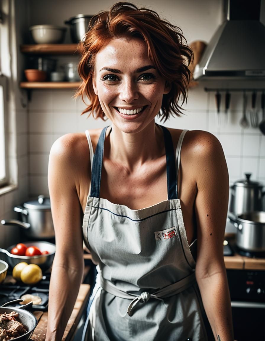 Smiling Woman Cooking: Hyperrealistic Kitchen Portrait