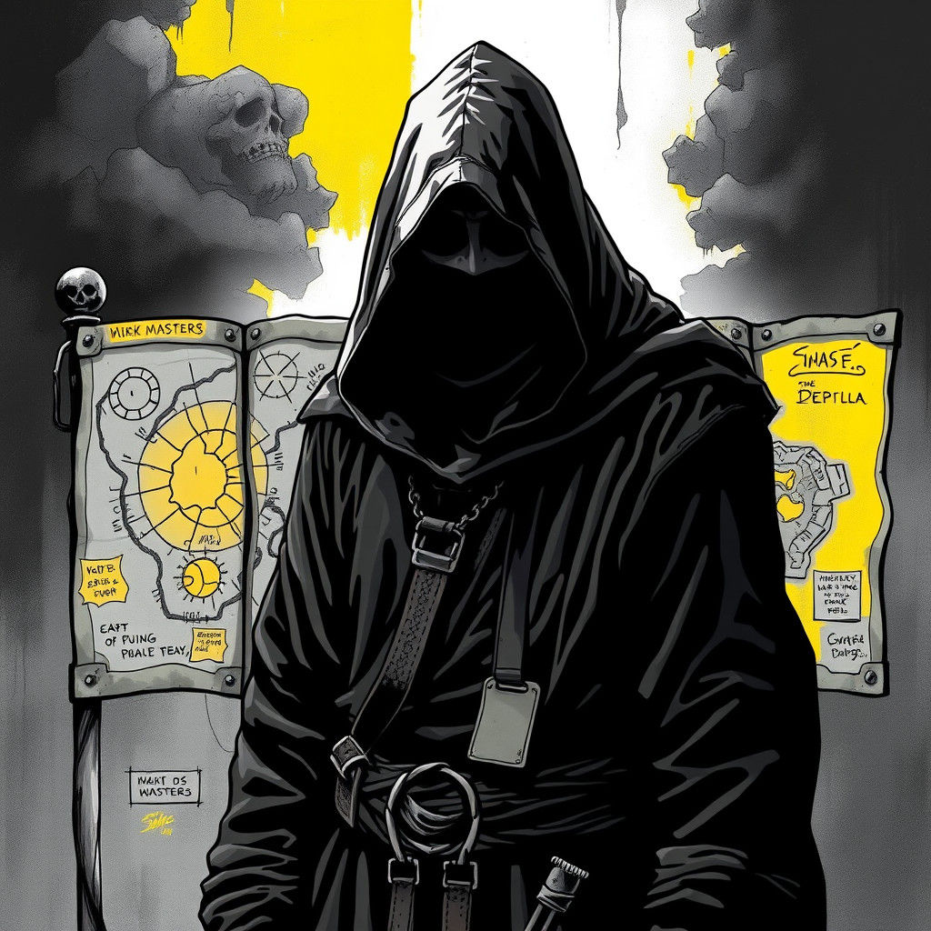 Hooded Figure Behind DM Screen in Comic Book Style