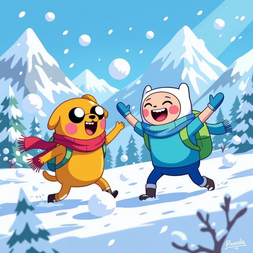 Finn and Jake Play in Snowy Mountains Digital Painting