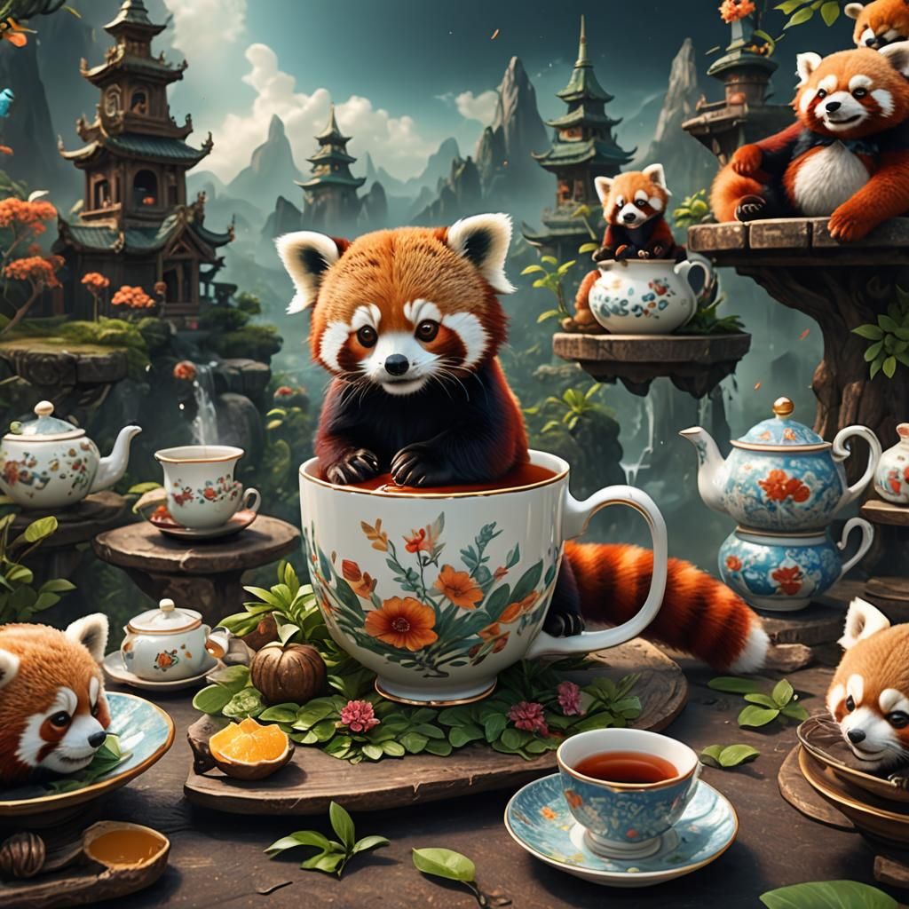 Red Panda in Teacup: Detailed Fantasy Concept Art