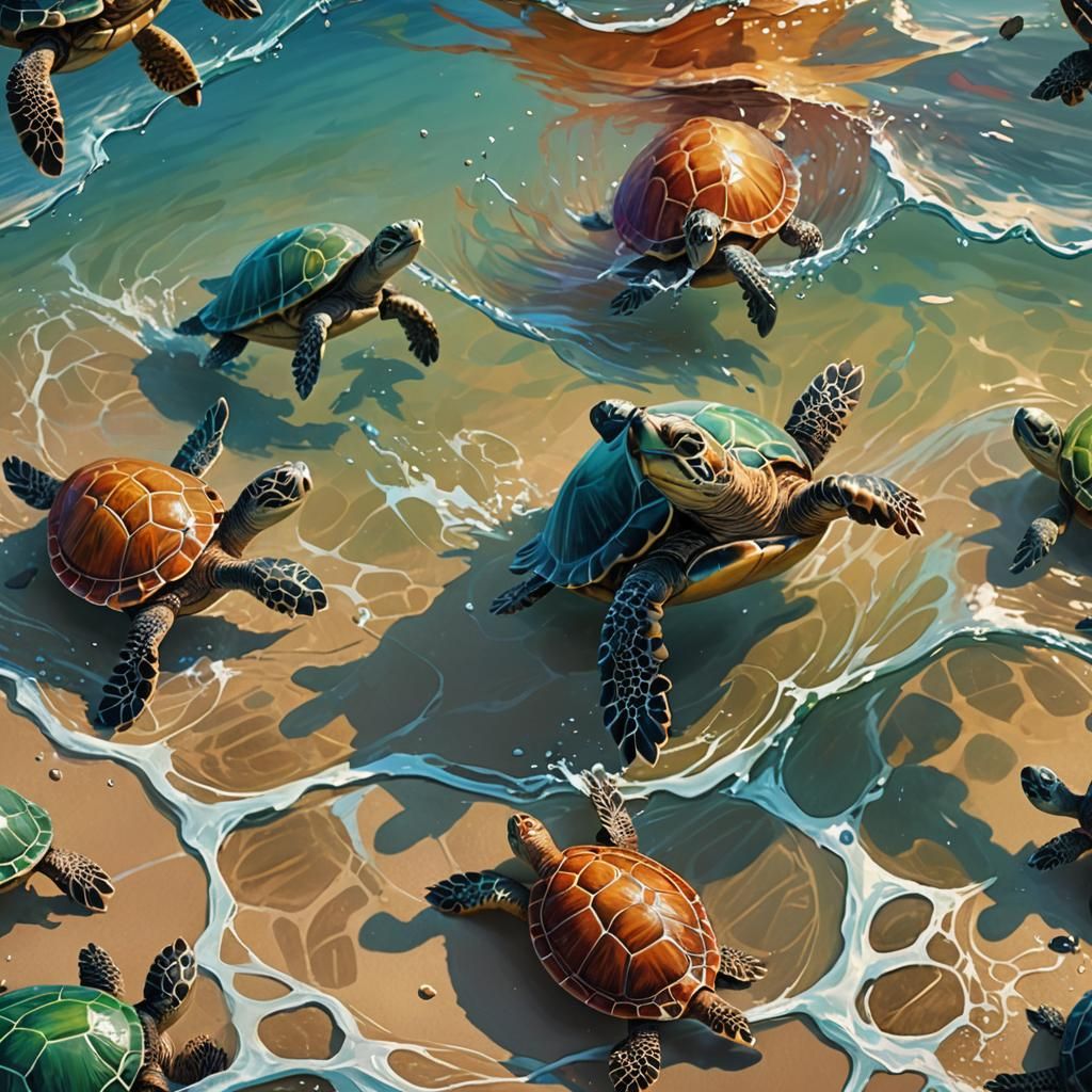 Hyperrealistic Baby Turtles Journey to the Ocean