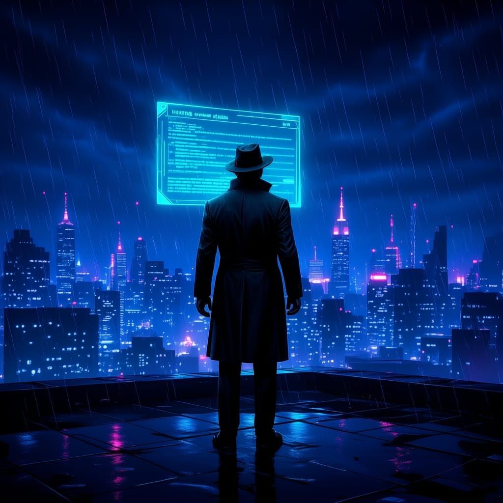 Secret Agent Overlooks Neon City at Midnight