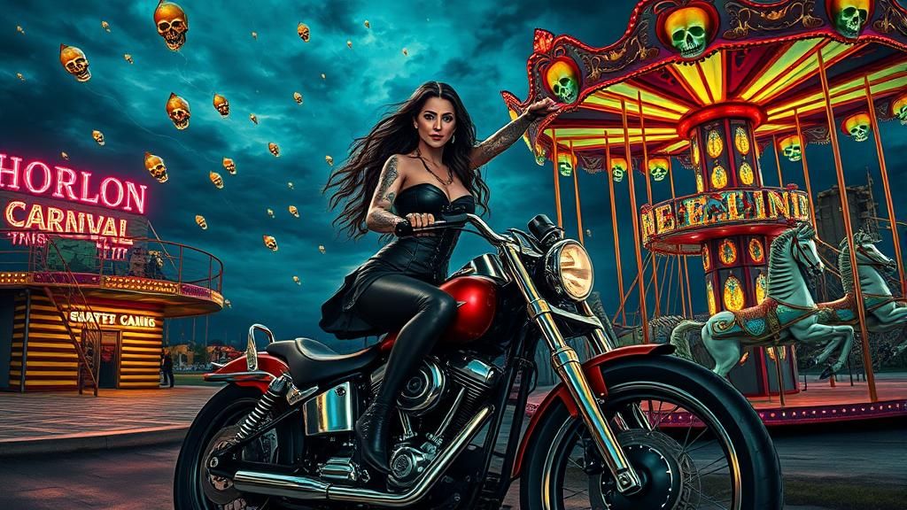 Gothic Belle Rides Steampunk Harley in Neon Carnival