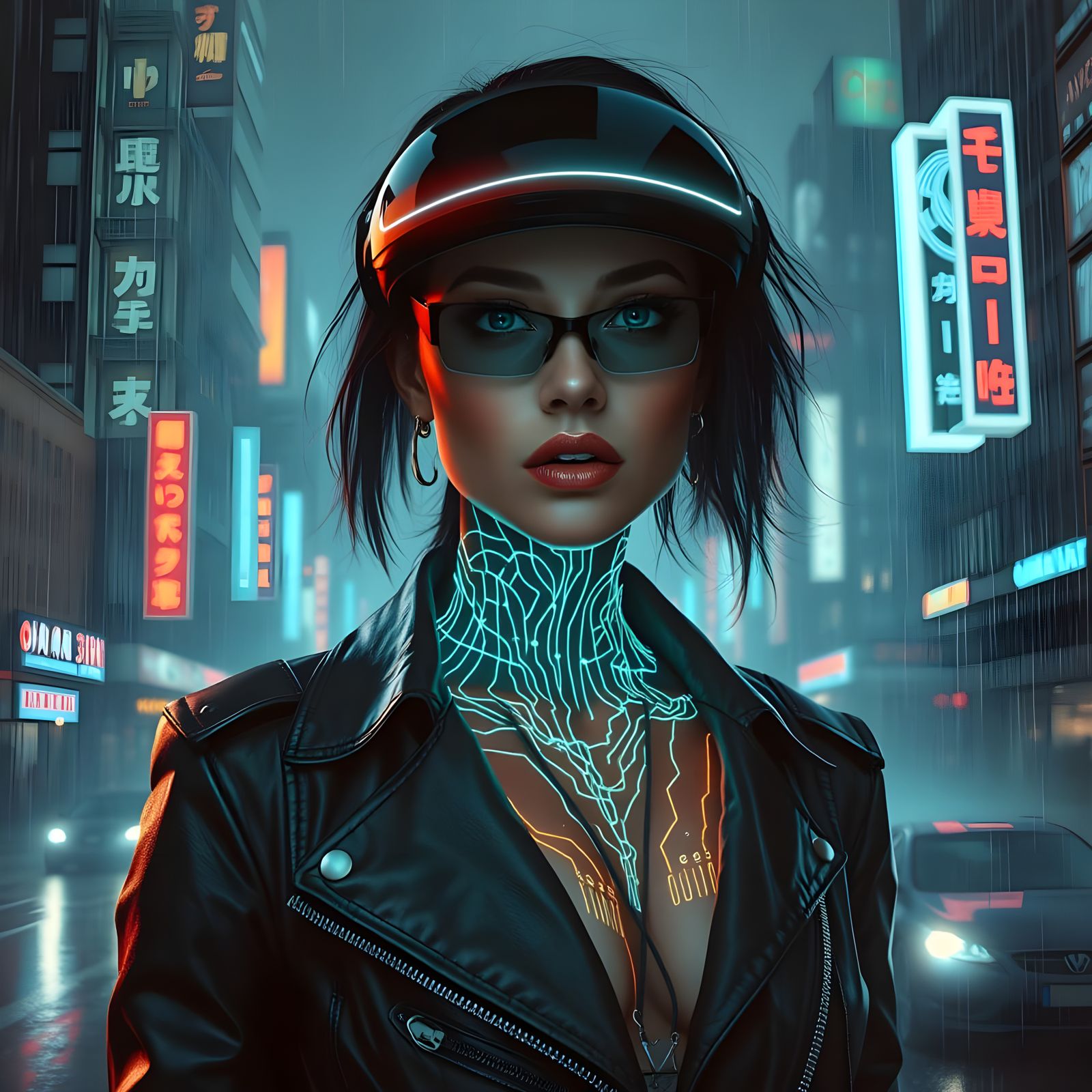 Surreal Cyberpunk Portrait of a Mysterious Woman with Glowin...