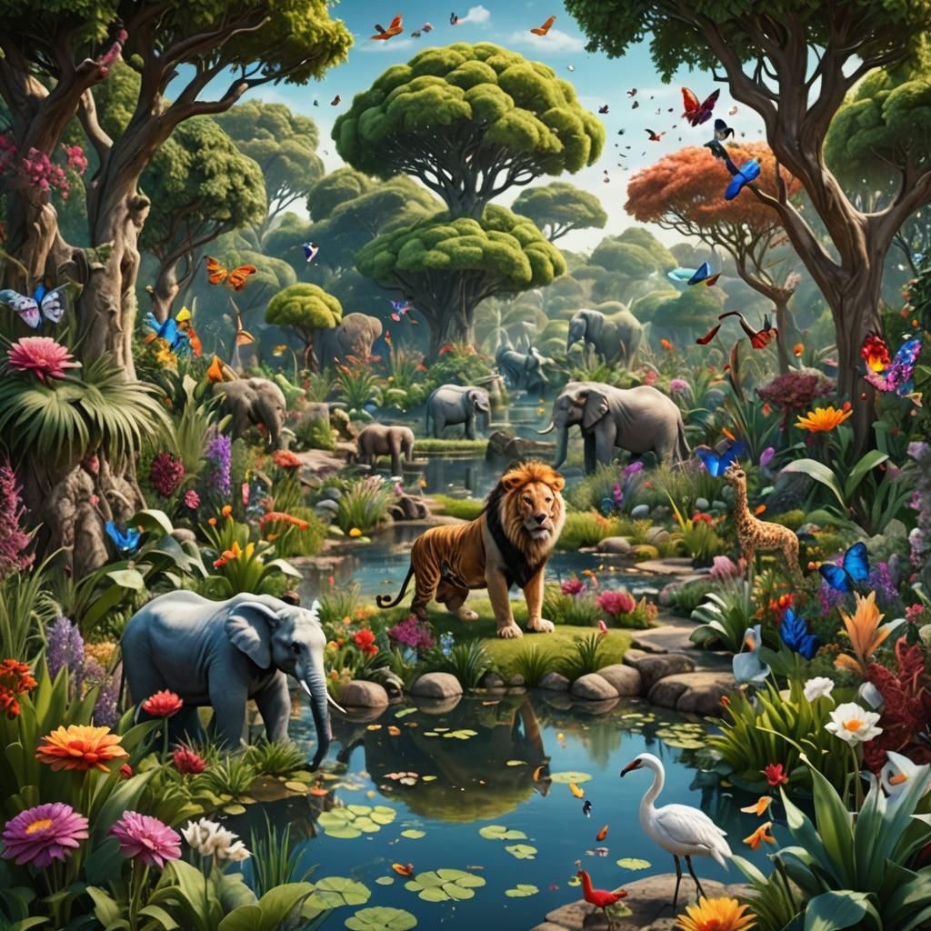 Colorful Wildlife in a Fantastical Eden Garden